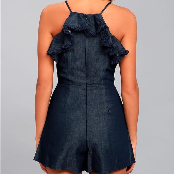 Moon River Dark Blue Chambray Embroidered Romper - Picture 4 of 4